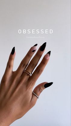 Black Feminine Nails, Elegant Nails With Black, Black Nail Almond Designs, Black White Nails Designs Classy, Black Nails Minimalist, Coffin Shaped Black Nails, Black Nailart Nails, Rock Chic Nails, Fun Dark Nails