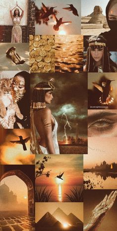 a collage of pictures with different people and animals in them, including an egyptian woman