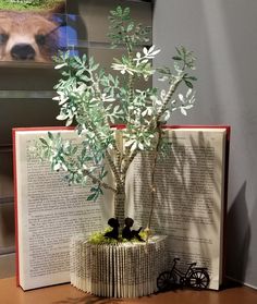 an open book sitting on top of a table next to a fake tree and bicycle