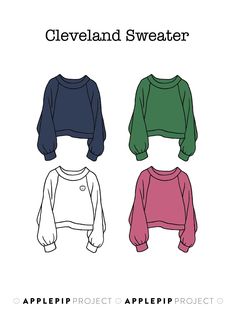 the cleveland sweater is shown in three different colors and sizes, including pink, green, blue