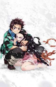 two anime characters hugging each other on the snow covered ground, with one holding another