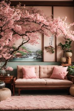 Step into an ethereal haven as you enter this living room, where an exquisite cherry blossom mural, a quintessential piece of Japanese wall art, envelops you in its bloom. Complementary hues in the cushions and rug, traditional Japanese panels, and unique Japanese wall decorations, including calligraphy scrolls, create a symphony of nature and art. The inclusion of bonsai and the low seating coffee table conjure an ambiance reminiscent of a serene Japanese garden. Contemporary Living Room Chairs, Japanese Inspired Home, Abstract Wall Art Living Room, Japanese Wall Decor, Asian House, Easy Acrylic Painting, Japanese Room