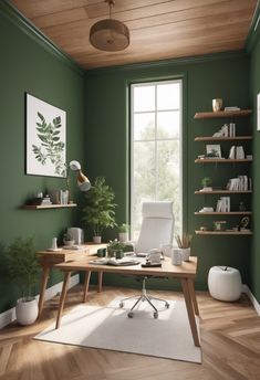 an office with green walls and wooden flooring in the room is furnished with bookshelves