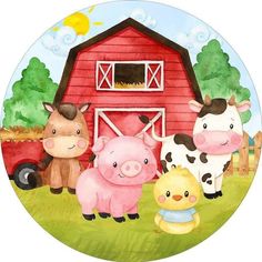 three farm animals are standing in front of a red barn with a yellow duckling