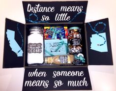 an open box with some items in it that says distance means so little when someone means so much