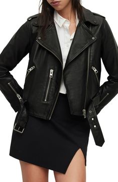 AllSaints Balfern Leather Biker Jacket | Nordstrom All Saints Leather Jacket, Suede Biker Jacket, Suede Biker, Black Leather Moto Jacket, Best Leather Jackets, Moto Biker Jacket, Black Leather Biker Jacket, Belted Jacket, Biker Leather