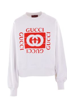 Gucci sweatshirt made from white cotton jersey with a flocked Gucci Vintage print on the front. Featuring a crew neckline, long sleeves, and ribbed edges.Gender: WomenMaterial: 100% COTTONColor: WHITE+REDMade in: ITProduct ID: 789582XJGSU9280*Import tax/duty will be calculated at checkout (If applicable) Gucci Sweatshirt, Gucci Sweater, Gucci Vintage, White Sweatshirt, White Sweaters, Denim Top, Vintage Gucci, Active Wear For Women, White Cotton