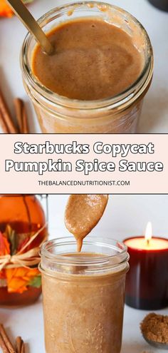 pumpkin spice sauce in a mason jar with a spoon and cinnamon sticks on the side