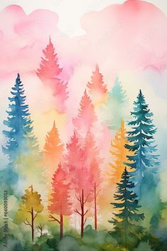 watercolor painting of trees and clouds in the sky with pink, blue, yellow and green colors