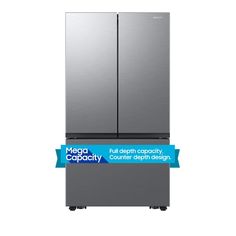 a stainless steel refrigerator freezer with blue ribbon around the bottom and two doors on each side