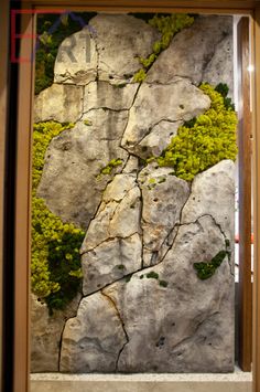 moss growing on the side of a rock wall in front of a window with an open wooden frame