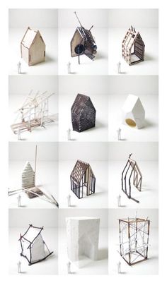 many different types of houses made out of wood and wire, all in various shapes and sizes