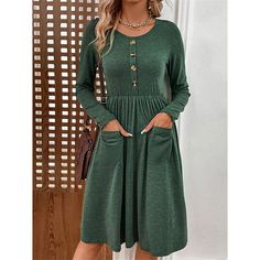 Season:Winter,Fall,Autumn; Fabric:Polyester; Sleeve Length:Long Sleeve; Look After Me:Machine wash; Gender:Women's; Style:Streetwear,Modern,Fashion; Elasticity:Micro-elastic; Occasion:Daily,Date,Weekend,Going out; Fit Type:Regular Fit; Dresses Type:Plain Dress,Casual Dress,Swing Dress,A Line Dress; Design:Pocket,Button; Neckline:Crew Neck; Listing Date:11/21/2023; 2023 Trends:2023; Bust:; Hips:; Length:; Shoulder Width:; Sleeve:; Waist:; Fit US Size:; Fit UK Size:; Fit EU Size:; Dress Length Typ Casual Dress Winter, Midi Dress Chic, Round Neck Dress, Dress Winter, Vestido Plus Size, Round Neck Dresses, High Neck Long Sleeve, Slim Fit Dresses, Inspiration Mode