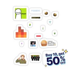 an advertisement with stickers on it that say buy 10 get 50 % off