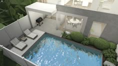 an aerial view of a house with a swimming pool