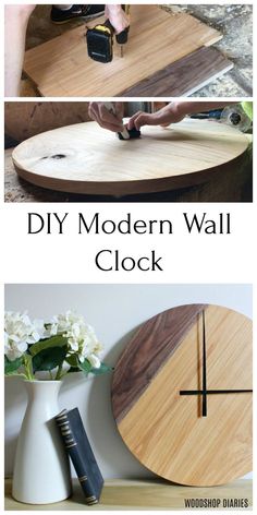 the diy modern wall clock is made out of wood and has two hands working on it