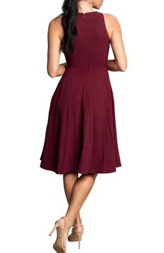 The signature drape of sleek crepe fabric brings a pleasing swing and sway to this elegant fit-and-flare dress featuring always-welcome pockets. 42" length (size Medium) Hidden back-zip closure Plunge neck Sleeveless On-seam pockets Lined 97% polyester, 3% spandex Machine wash, line dry Imported Classic Fit And Flare Dress With Pleated Back, A-line Midi Dress With Pleated Back, Classic A-line Midi Dress For Date Night, Classic A-line Dress For Date Night, Classic Fit And Flare A-line Midi Dress, A-line Dress With Flattering Cut For Date Night, Flattering A-line Dress For Date Night, Flattering Cut A-line Dress For Date Night, Pleated Bodice Fit And Flare A-line Midi Dress