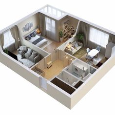 an overhead view of a two bedroom apartment with living room, dining area and kitchen