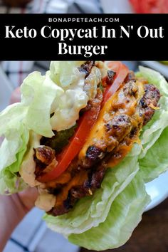 a person holding up a burger with lettuce and tomatoes