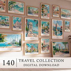 a wall full of travel pictures with the words travel collection digital download on it's side