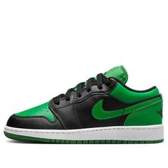 The Air Jordan 1 Low 'Black Lucky Green' is a stylish and durable sneaker that is perfect for any activity. The rubber sole provides extra cushioning and protection, while the anti-collision design of the toe box ensures your feet are safe. The black and lucky green colorway is inspired by the classic Air Jordan 1 series, making it a great choice for any fan. With its sleek silhouette and comfortable fit, this sneaker is perfect for any occasion. (AJ1/SNKR/Retro/Low Top/Non-Slip/Basketball/Wear-resistant) Green Jordan Shoes With Rubber Sole For Sports, Casual Green Jordan Shoes For Light Sports, Breathable Jordan Shoes With Round Toe For Streetwear, Green Round Toe Skate Shoes For Sports, Breathable Jordan Shoes For Streetwear, Nike Air Force 1 Low-top Sports, Breathable Low-top Jordan Shoes For Streetwear, Sporty Green Jordan Shoes With Round Toe, Sporty Synthetic Jordan Shoes For Streetwear