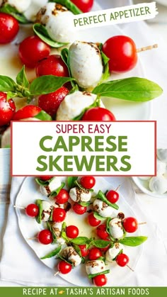 caprese salad skewers being served Salad Screwers, Cherry Tomato Mozzarella Skewers, Tomato Mozzarella Basil Skewers, Mini Caprese Skewers, Appetizer Skewers For Party, Holiday Skewers, Skewers Appetizers Cold, Caprese Skewers Appetizers, Tomato Mozzarella Skewers