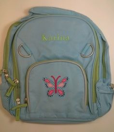 Super cute! Great for school, sports, or travel! This bag has already been personalized by PBK with the name "Karina" in green. Looks nice! Size: Small 11" wide x 4" deep x 14" high. Fits children who are 43-49" tall. Can hold a lunch bag, two small notebooks, two books, and a water bottle. Condition: Brand new Color: Light blue with bright green accents and super cute butterfly patch on front pocket What you see in the photos is what you will get. No special orders. Get it here faster and for l Affordable Playful Blue Backpack, Playful Blue Softback Backpack, Cute Blue Backpack With Zipper Closure, Kawaii Blue Rectangular Backpack, Blue Educational Backpack, Butterfly Backpack, Small Notebook, Green Butterfly, Cute Butterfly