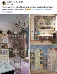 several pictures of different rooms and furniture in the same room, including a doll house