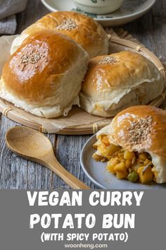 vegan curry potato buns with spicy potato soup on a plate and in a bowl