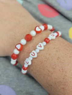 Set of 2 stretchy bracelets. Letter beads are heart shaped.   Items are ready to ship.  You will receive the item pictured.  Bracelets measure approximately 7.5 inches. Bracelets Letter Beads, Reader Girl, Girls Cup, Cup Sleeves, Luv U, Cup Sleeve, Letter Beads, Stretchy Bracelets, Orlando Fl