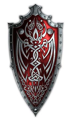 a red and silver shield with intricate designs