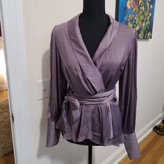 Beautiful And Elegant Satiny Shirt In A Classy Color Of Muted Lavender. Perfect From Office To Evening. Spring Purple V-neck Shirt, Lavender Long Sleeve Shirt For Work, Purple Long Sleeve Tops For Night Out, Purple Long Sleeve Blouse For Night Out, Chic Purple Tops For Night Out, Elegant Long Sleeve Lavender Tops, Elegant Lavender Long Sleeve Top, Spring V-neck Purple Shirt, Chic Fitted Purple Blouse