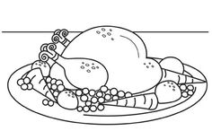 a turkey on a plate with grapes and carrots in it coloring page for kids