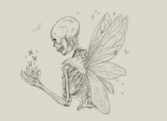 a drawing of a skeleton holding a flower in it's hand and looking at the sky