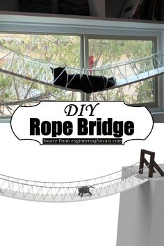 the rope bridge is in front of a window with an image of a cat on it