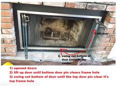 an open fire place with instructions for how to put the door on top and bottom