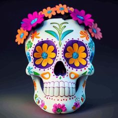 a colorful skull with flowers on its head