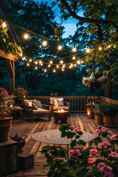 an outdoor deck with lights strung over it