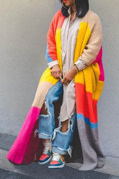 We're glad you've clicked on our new knitted kimono as we're really into its colorful vibes! The collarless and long sleeve cut make this a great choice for any stylish girl. Length: long Material: cotton blend Sleeve Type: long sleeve Neckline: collarless Style: knitted Size chart:Size: please check measurements carefullyPlease allow 0.5-1" difference due to manual measurementDifferent monitor settings means colors may differ slightly1" = 2.54cm Size(inch) US Size Length Shoulders Bust S 4/6 49.2 19.2 69.6 M 8/10 49.6 19.6 71.2 L 12/14 50 20 73.2 XL 16/18 50.4 20.4 75.2 2XL 20 50.8 20.8 77.2 3XL 22 51.2 21.2 79.2 Purchase reference: Size(inch) Height Chest Waist Hip S 66.93 35.43 27.56 38.58 M 68.90 37.80 29.92 40.94 L 68.90 40.16 32.28 43.31 XL 70.87 42.52 34.65 45.67 2XL 70.87 44.09 37. Trendy Multicolor Patchwork Outerwear, Oversized Multicolor Color Block Outerwear, Trendy Oversized Multicolor Outerwear, Multicolor Acrylic Sweater For Fall, Trendy Multicolor Long Sleeve Outerwear, Knit Long Sleeve Outerwear With Color Matching, Multicolor Sweater With Color Matching For Fall, Trendy Colorful Sweater For Fall, Multicolor Color Block Sweater For Layering