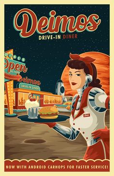 an advertisement for diners drive - in diner featuring a woman holding a tray of food