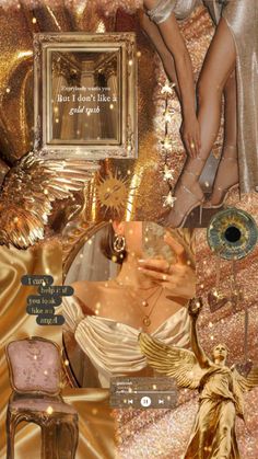 a collage of gold and silver items including a woman's dress, shoes, and jewelry