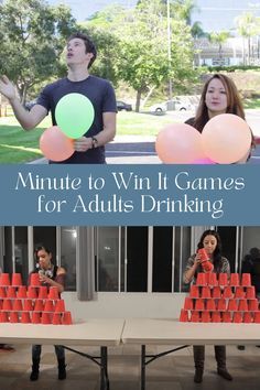 two people standing in front of a table with orange cups on it and the words minute to win it games for adults drinking