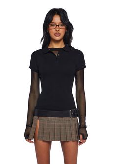 base|black Black Stretch Collared Top, Trendy Black Top With Collared Neckline, Chic Fitted Top With Polo Collar, Stretch Collared Top For Night Out, Fitted Collared Polo Shirt For Fall, Black Collared Top For Night Out, Edgy Short Sleeve Tops For Workwear, Edgy Short Sleeve Tops For Work, Edgy Collared Tops For Fall