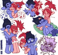 some cartoon characters hugging each other in different poses, with one being hugged by the other