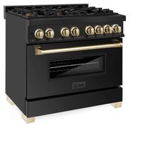 a black oven with gold knobs on the front and bottom, against a white background