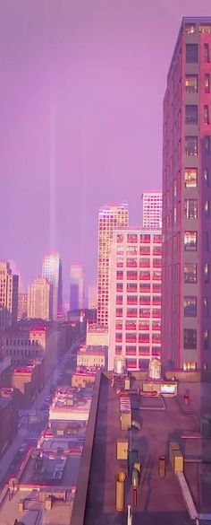 the city skyline is lit up in pink and purple colors, with tall buildings on either side