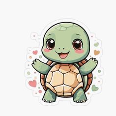 a cute little turtle sticker with hearts around it's neck and arms, sitting on