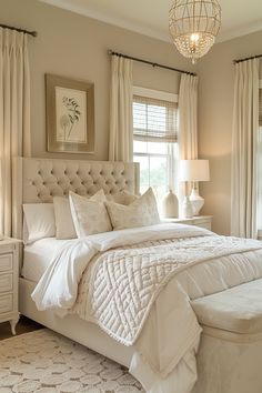 a white bed sitting in a bedroom next to a window with curtains on both sides