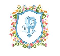 the letter g is surrounded by colorful flowers and leaves on a white background with blue border