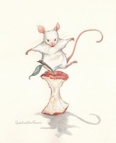 a drawing of a mouse sitting on top of an apple